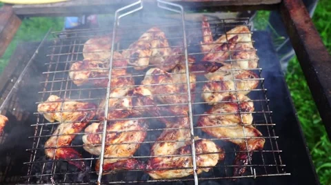 Chicken wings on grill at picnic Stock Footage 44668716