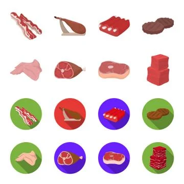 Chicken wings, ham, raw steak, beef cubes. Meat set collection icons in cartoon Stock Illustration
