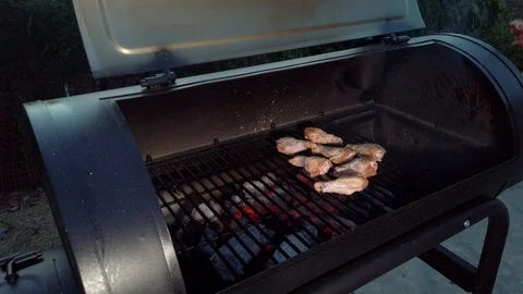 Chicken Wings on the Summer BBQ. But do not forget those Pieces of Hanging Stock Footage 108463723