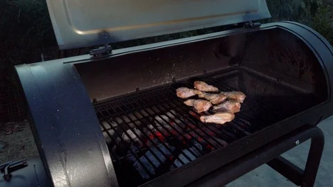 Chicken Wings on the Summer BBQ. But do not forget those Pieces of Hanging Stock Footage 108463803