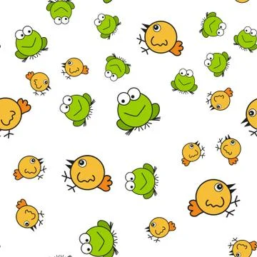 Chickens and frogs seamless pattern in cartoon style Stock Illustration