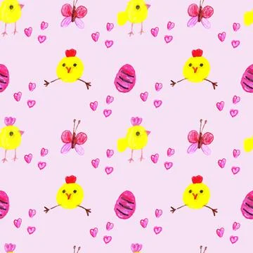 Chickens with Easter red egg, butterfly and hearts on a pink background. Illustrazione stock