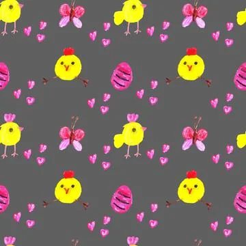 Chickens with Easter red egg, butterfly and hearts on a gray background. 스톡 일러스트