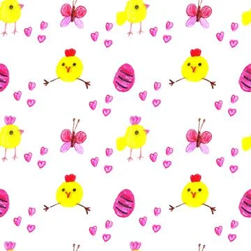 Chickens with Easter red egg, butterfly and hearts on a white background. 스톡 일러스트