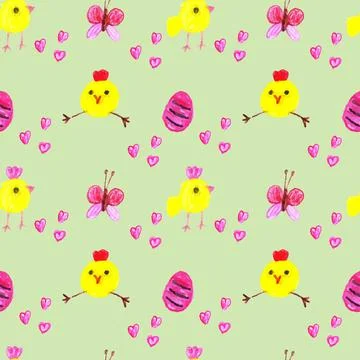 Chickens with Easter red egg, butterfly and hearts on a green background. Illustrazione stock