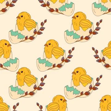 Chickens in the egg shell and a sprig of willow. Easter illustration Stock Illustration