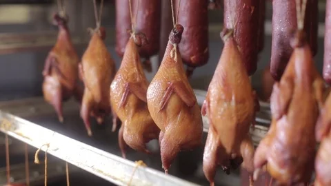 Chickens hanging on a thread in the fridge Stock Footage 75242361