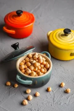 Chickpeas in asaucepan on a gray background Stock Photos