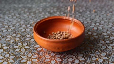 Chickpeas falling on a clay bowl Stock Footage 332688869