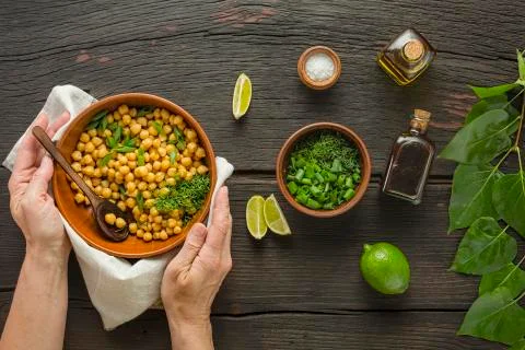 Chickpeas, single serving, cooked chickpeas, buddha bowl, korean bbq chickpea Stock Photos