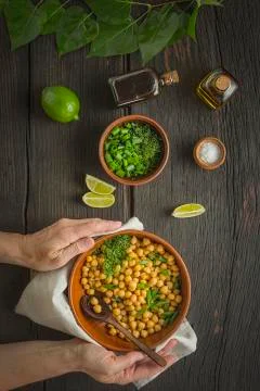 Chickpeas, single serving, cooked chickpeas, buddha bowl, korean bbq chickpea Fotos Stock