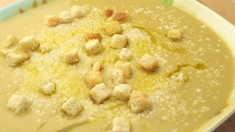 Chickpeas soup with toasts closeup Stock Footage 71073440