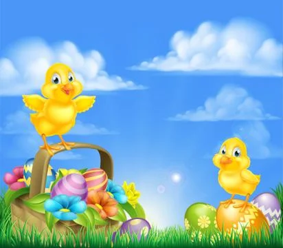 Chicks and Easter Eggs Basket Scene Stock Illustration