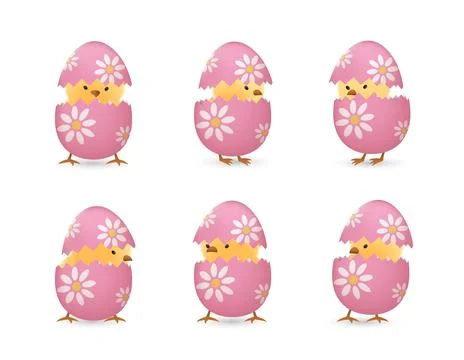 Chicks in broken flower easter eggs set Stock Illustration