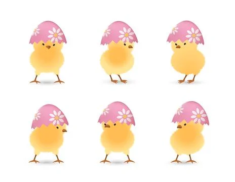 Chicks in broken flower easter eggs top set Stock Illustration