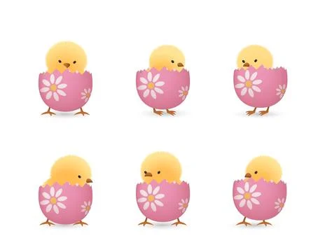 Chicks in broken flower easter eggs bottom set Illustrazione stock