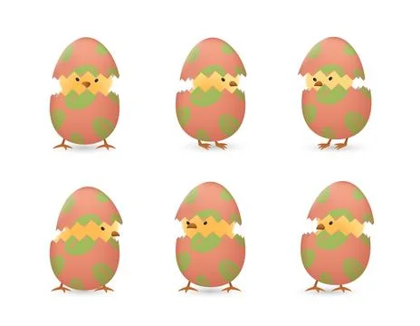 Chicks in broken leaf easter eggs set Stock Illustration
