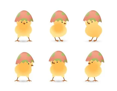 Chicks in broken leaf easter eggs top set Stock Illustration