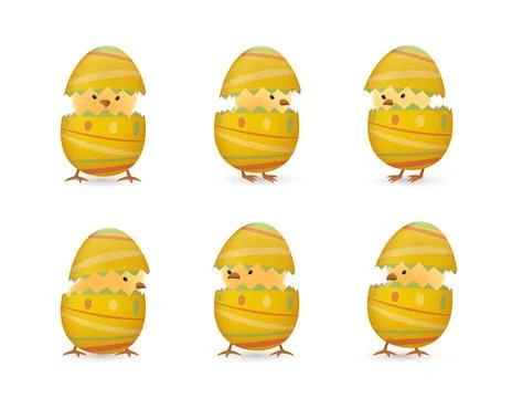 Chicks in broken line easter eggs set Stock Illustration