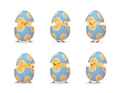 Chicks in broken oval easter eggs set Illustrazione stock