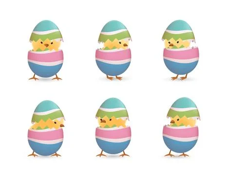 Chicks in broken rainbow easter eggs set 01 Stock Illustration