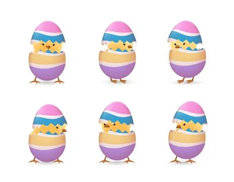 Chicks in broken rainbow easter eggs set Stock Illustration