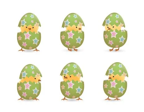 Chicks in broken star easter eggs set Illustrazione stock
