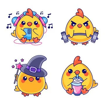 Chicks do some activities, cartoon style set Illustrazione stock