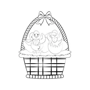 Chicks in easter basket vector illustration outline Illustrazione stock