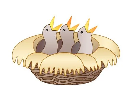 Chicks in the nest - vector full color picture. Three little chicks Illustrazione stock