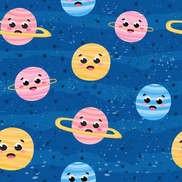 Chidish space seamless pattern with cute planets ccharcters on blue background Stock Illustration