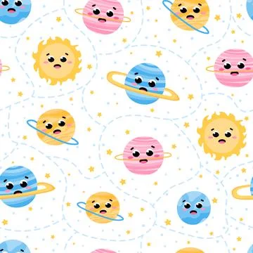 Chidish space seamless pattern with cute planets charcters on white background Illustrazione stock