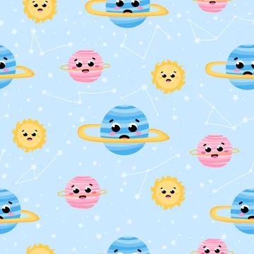 Chidish space seamless pattern with cute planets charcters of solar system on Stock Illustration
