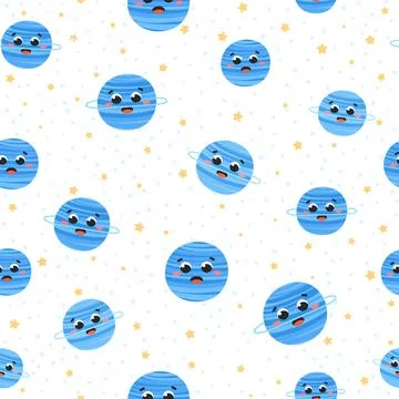 Chidish space seamless pattern with cute blue planet charcters on white backg Stock Illustration