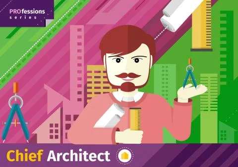Chief architect with compasses and blueprint Illustrazione stock