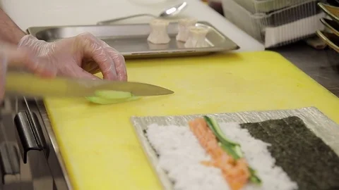 Chief chop, settle, cook roll in kitchen in restaurant or cafe. No face Stock Footage 75969183