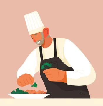 Chief-cooker elderly man at work. Cartoon enthusiastic chef cook food salad with Illustrazione stock