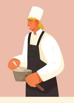 Chief-cooker young man at work. Chef in black apron cook food mix with a spoon Illustrazione stock