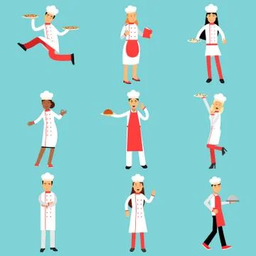 Chief cooks and bakers at work set. Professional kitchen staff Illustrations Illustrazione stock