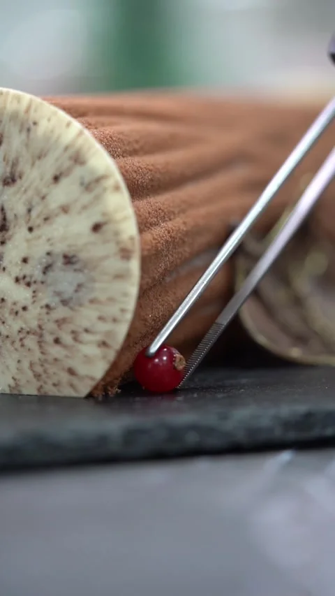 A chief decorates a Chocolate log cake with cherry, textured cocoa coating and Stock Footage 330913057