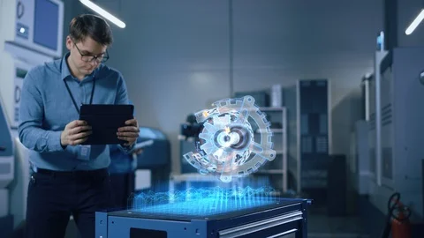 Chief Engineer Developer Holds Tablet Computer, Examins Augmented Reality Model Stock Footage 128854518