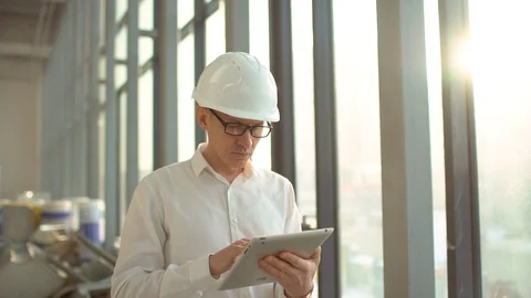Chief Engineer in the Hard Hat Walks Through Light Modern Factory While Holding Stock Footage 85871021