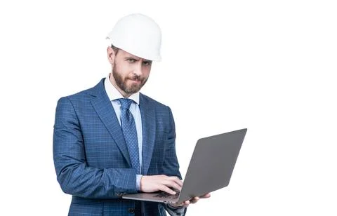 Chief engineer in hardhat use computer. mature ceo checking email. serious man Stock Photos