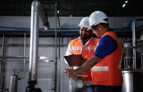 Chief engineer of a mechanical plant Inspecting and explaining the mainten... Foto stock