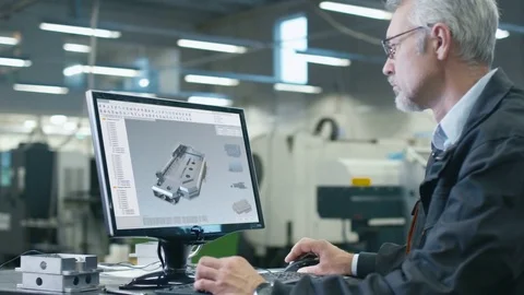 Chief Engineer Working on Personal Computer, Designing Mechanical Detail in CAD. Stock Footage 82252282