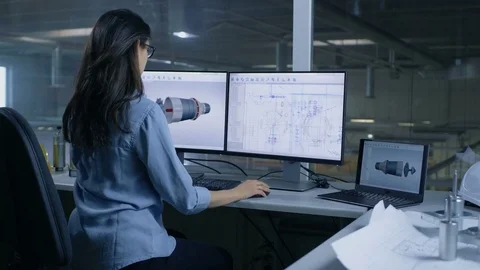 Chief Female Engineer Designs on 3D Model of a Turbine or Engine Part.  Stock Footage 77560990