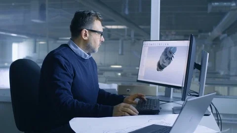 Chief Male Engineer Working on Big Technical Project Creating 3D Turbine/ Engine Stock Footage 77588510