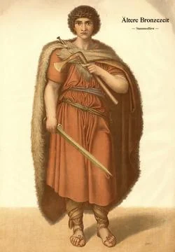 Chieftain, early Bronze Age. Man is armed with a bronze sword and a decorated Stock Illustration