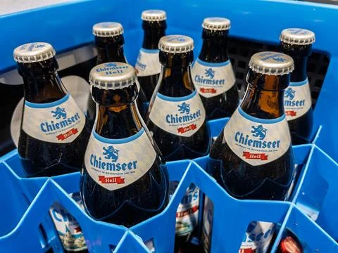 Chiemseer Hell Beer Bottles in a Blue Crate Stock Photos