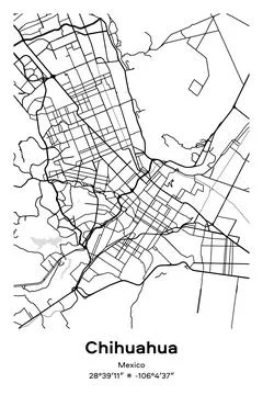 Chihuahua, Mexico - vector map of city in Black, white, gray, BW colors Stock Illustration